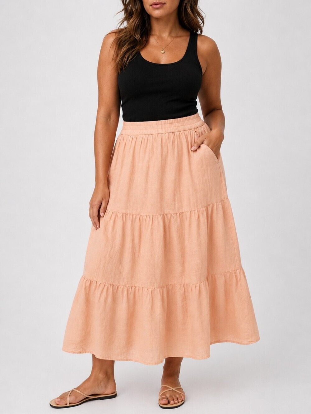 H Halston 100% Linen Tiered Maxi Skirt Peach Pull On Coastal Resort Size L